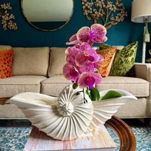 May include: A white ceramic seashell-shaped vase holding vibrant purple and white orchids. The vase sits on a stack of books on a glass-topped table. The background includes a beige sofa, decorative pillows, and a teal wall.