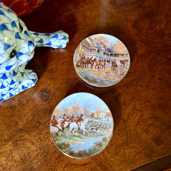 Set of 2 Hunt Scene Porcelain Butter Pats
