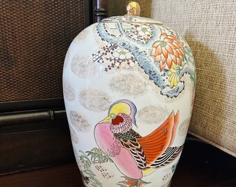 Large Vintage Chinoiserie Pheasant Ginger Jar w/Brass Pedestal