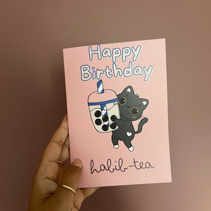 Happy Birthday Habibi | 5 x 7 Folded Birthday Card | Bubble Tea Birthday Card | Funny Cat Birthday Card | Bubble Tea Birthday Card