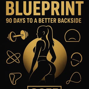 Può includere: Poster di fitness nero e oro con il testo "BOOTY BUILDER BLUEPRINT" e "90 DAYS TO A BETTER BACKSIDE". L'immagine presenta una silhouette femminile e icone di fitness.