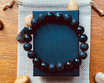 Natural Black Obsidian and Lava Stone Grounding Bracelet, Spiritual Protection Bracelet, Natural Gemstone Healing Bracelet