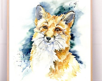 Impression de renard roux de l’aquarelle originale, Art peint à la main de Portrait de renard, peinture animale de forêt sauvage, belle nature oeuvre, faune