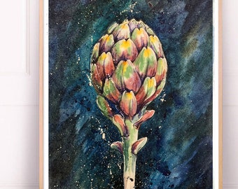 Artischocke Aquarell Original-Gemälde, Artischocke Dekor, Postkarte Idee, Lila Handgemaltes Gemüse, Küche Wand Dekor, Universal Geschenk