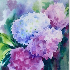Dipinto ad acquerello di ortensia rosa vibrante, regalo per la mamma, fiori viola, regalo per l'ospite, decorazione per l'appartamento, madre dello sposo, festa della mamma