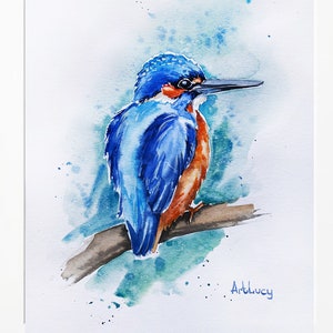 Dipinto ad acquerello di uccello martin pescatore blu, regalo originale per la madrina, dipinto di uccello luminoso e carino, dipinto a mano, regalo per veterinario, regali per ragazze adolescenti