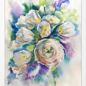 Bouquet di tulipani bianchi Dipinto ad acquerello originale Regalo della Madre Arte murale botanica Regalo di inaugurazione della casa Decorazione dell'appartamento Dopamina