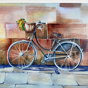 Bicicletta con cestino da picnic, dipinto ad acquerello originale, regalo per la madrina, bicicletta retrò, regalo per la zia, cestino intrecciato, bicicletta vintage, regalo per il 75° compleanno