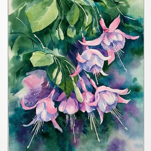 Dipinto ad acquerello di fiori fucsia rosa Originale regalo per 80° compleanno Pianta sospesa Fiori Arte Arredamento appartamento Nuova casa Regalo Madrina