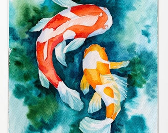 Aquarelle de poissons koï orange, art de poissons exotiques, peinture carpe japonaise originale peinte à la main, petite aquarelle zen, peinture carpe koï pour salle de bain