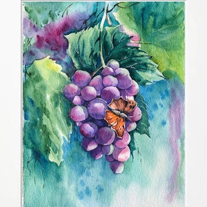 Farfalla monarca con uva viola Decorazione per appartamento Giardino della nonna Regalo per la madrina Stanza Estetica Frutta fresca Dipinto Arte murale botanica