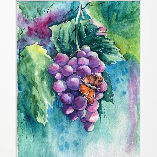 Bouquet violet de raisins aquarelle peinture, art du raisin, récolte d’automne, cadeau des agriculteurs, légumes peints à la main, mur de cuisine accrocher art original