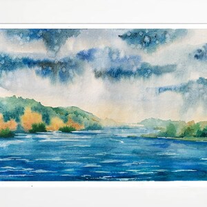 Dipinto ad acquerello con paesaggio fluviale, unico nel suo genere, decorazione per appartamento, arte murale con paesaggio, natura autunnale, dipinto originale, decorazione estetica per la stanza