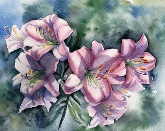 Pink Lilies Original Watercolor Painting, Lily Flowers, Garden Theme, Lily Bouquet Artwork, Gift For Flower Lover, Summer Flowers Painting