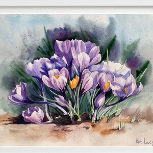 Dipinto ad acquerello con fiori di croco, regalo per la festa della mamma, fiore viola, zafferano, regalo per la festa della mamma dello sposo, regalo per inaugurazione della casa, regalo per la madrina, buona primavera