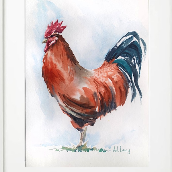 Haan aquarel artwork, huisdier schilderen, haan keuken decor, kip schilderij, cadeau voor boer, wand decor, boerderij dieren kunst