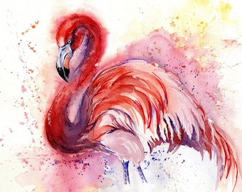 Pink Flamingo Original Watercolor, Exotic Tropical Beautiful Bird Painting, Gift For Birdlover, Flamingo Bird Wall Decor, Summer Theme