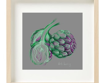 Artichoke Pencil Original Sketch For Kitchen or Dining Room, Hand Painted Instant Digital Download Art, Printable Square Painting png,  jpeg