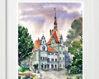 Ukrainian Castle Hand Painted Original Watercolor, Historical Building, Rainy Landscape Artwork, Old World Architecture, Beautiful Palace