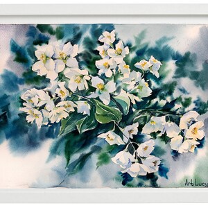 Fiori di gelsomino Acquerello dipinto Originale nipote regalo da Dio Madre regalo zia Bouquet bianco Arte nonna Giardino Fiori Festa della mamma