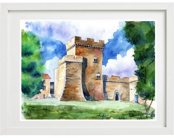 Castle Original Watercolor Painting, Hand Painted Cityscape Artwork, Urban Painting, Old Architecture, Historical Building, Universal Gift