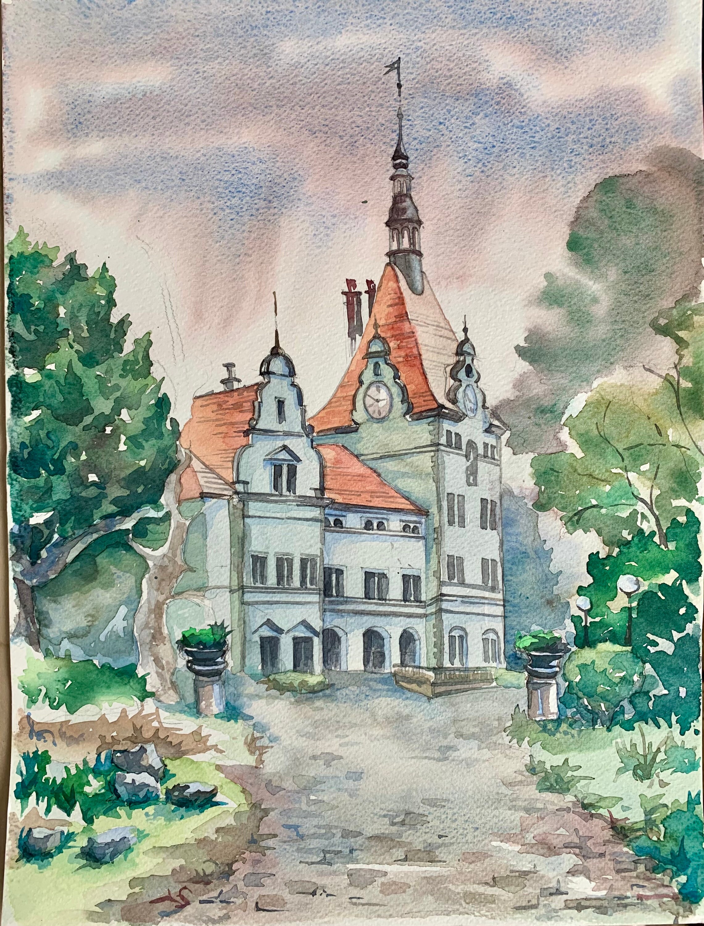 Castle Hand Painted Watercolor Rainy Landscape Old World Etsy