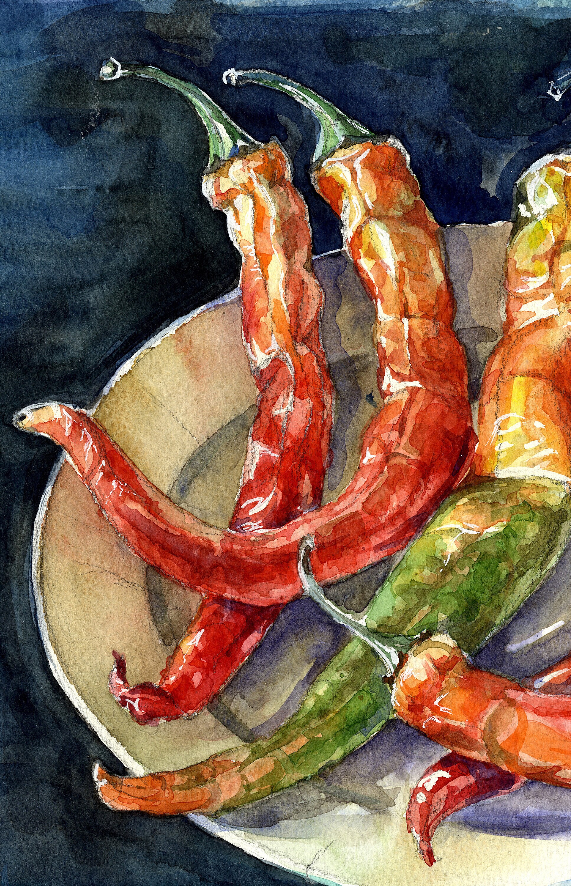 Red Chili Peppers Original Watercolor, Multicolor Vegetables on Plate