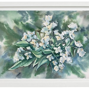 Stampa ad acquerello con fiori di gelsomino, non ti scordar di me, regalo per la madrina, giardino della nonna, decorazione per appartamento, regalo per inaugurazione della casa, decorazione per la stanza, estetica