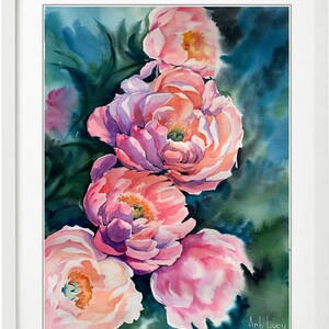 Bouquet di peonie rosa, dipinto ad acquerello, regalo originale per la madrina, giardino della nonna, arte botanica da parete, albero, peonia, decorazione per appartamento, regalo per la mamma