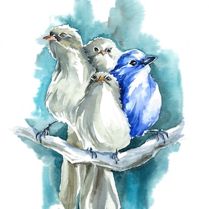 枝に止まるかわいい裏庭の鳥 オリジナル水彩画 義理の妹へのプレゼント 4羽の鳥の絵画 友人へのプレゼント 鳥の群れ 青い鳥