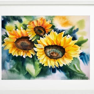 Dipinto ad acquerello di girasoli gialli Originale regalo per l'80° compleanno, regalo di condoglianze, regalo per madrina, regalo per padrino, decorazione per cottage, nuora