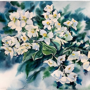 Stampa ad acquerello di fiori di gelsomino bianco, bouquet di fiori di nascita, arte sopra il letto, regalo per la cognata, regalo per inaugurazione della casa, arte botanica da parete, padrona di casa