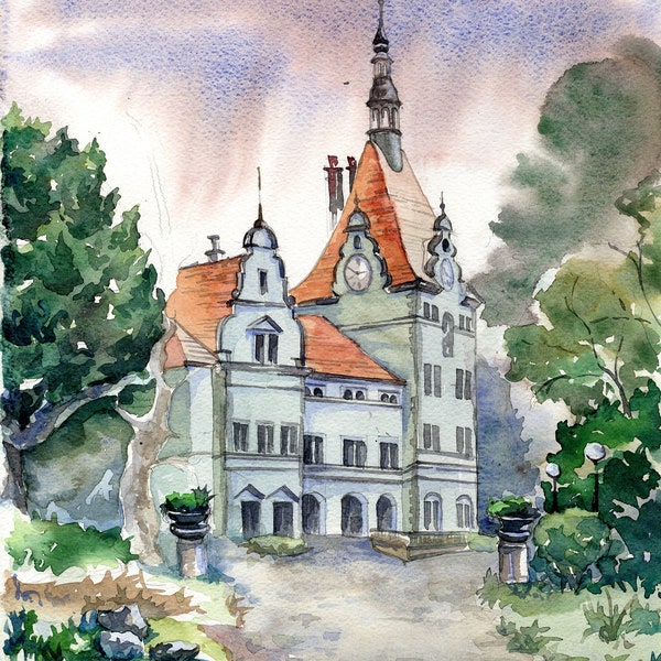 Ukrainian Castle Painting Original Watercolor, Old Architecture Artwork, Instant Digital Download, Autumn Rainy Sky Hand Painted Picture