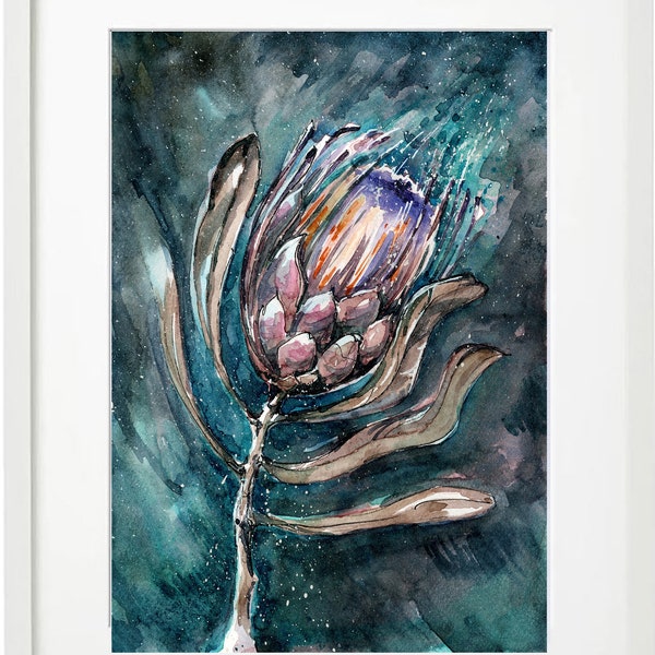 Protea Flower Watercolor, Instant Digital Download, Botanical Art, Wall Decor, Tropical Exotic Plant, Original Art, Printable Postcard Idea