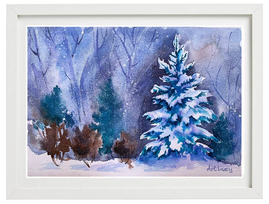 Winter in Forest Watercolor Painting, Fir Tree Painting, Snow Covered ...