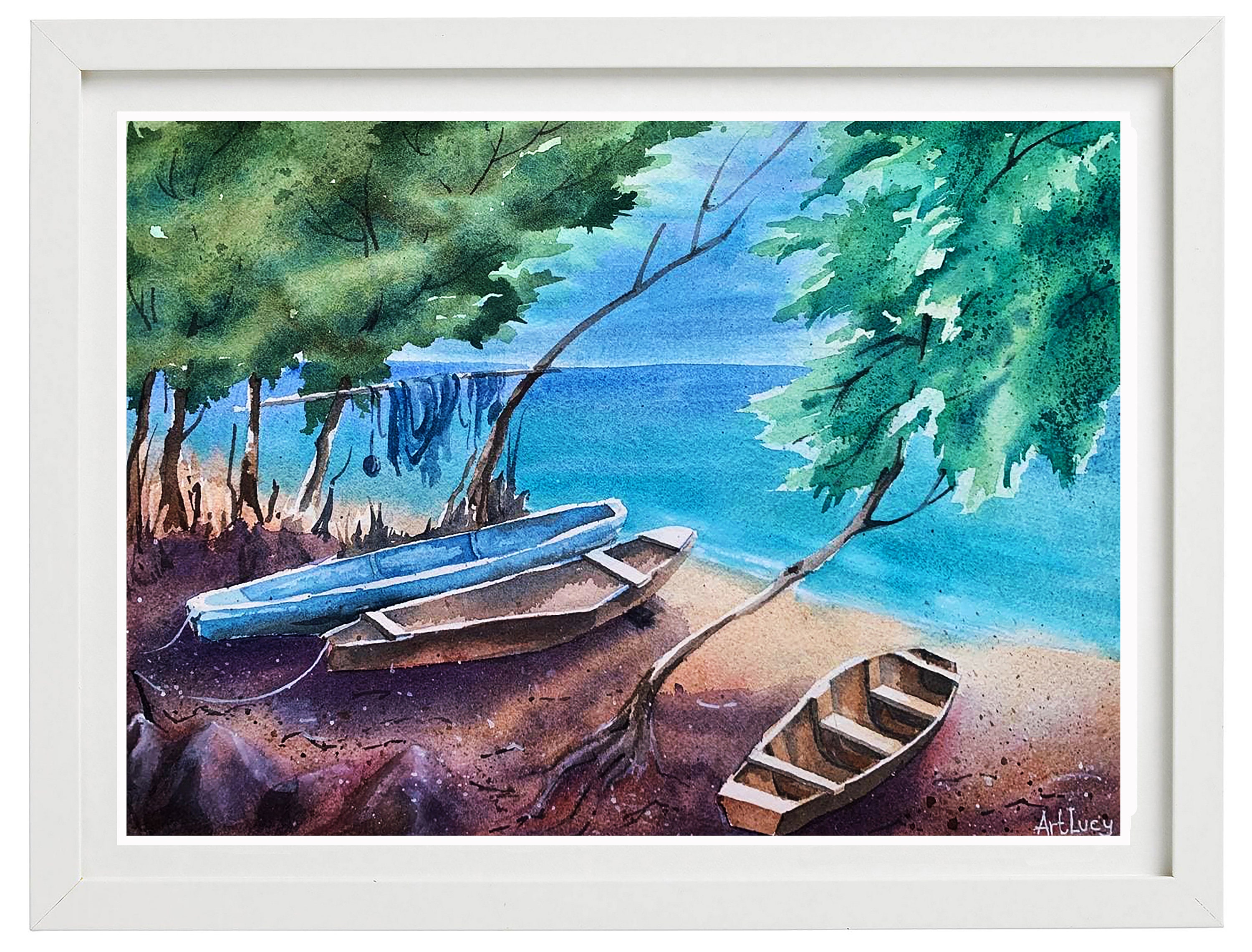 Fishing Boats on the Beach Original Watercolor Painting, Coastline Art,  Nautical Art, Gift for Fisherman, Seascape Artwork, Tropical Art -   Australia