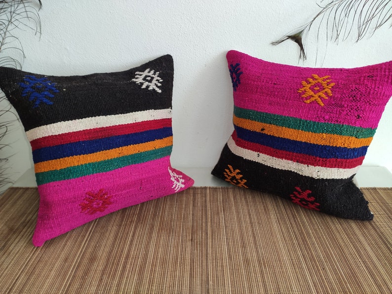 pr13 15.7x15.7 Twin Pillows,Turkish Pillow,Hand Made Pillow,Kilim Pillow,Accent Pillow,Cushion Rug Kilim,Pink Pillow,Decorative Pillow