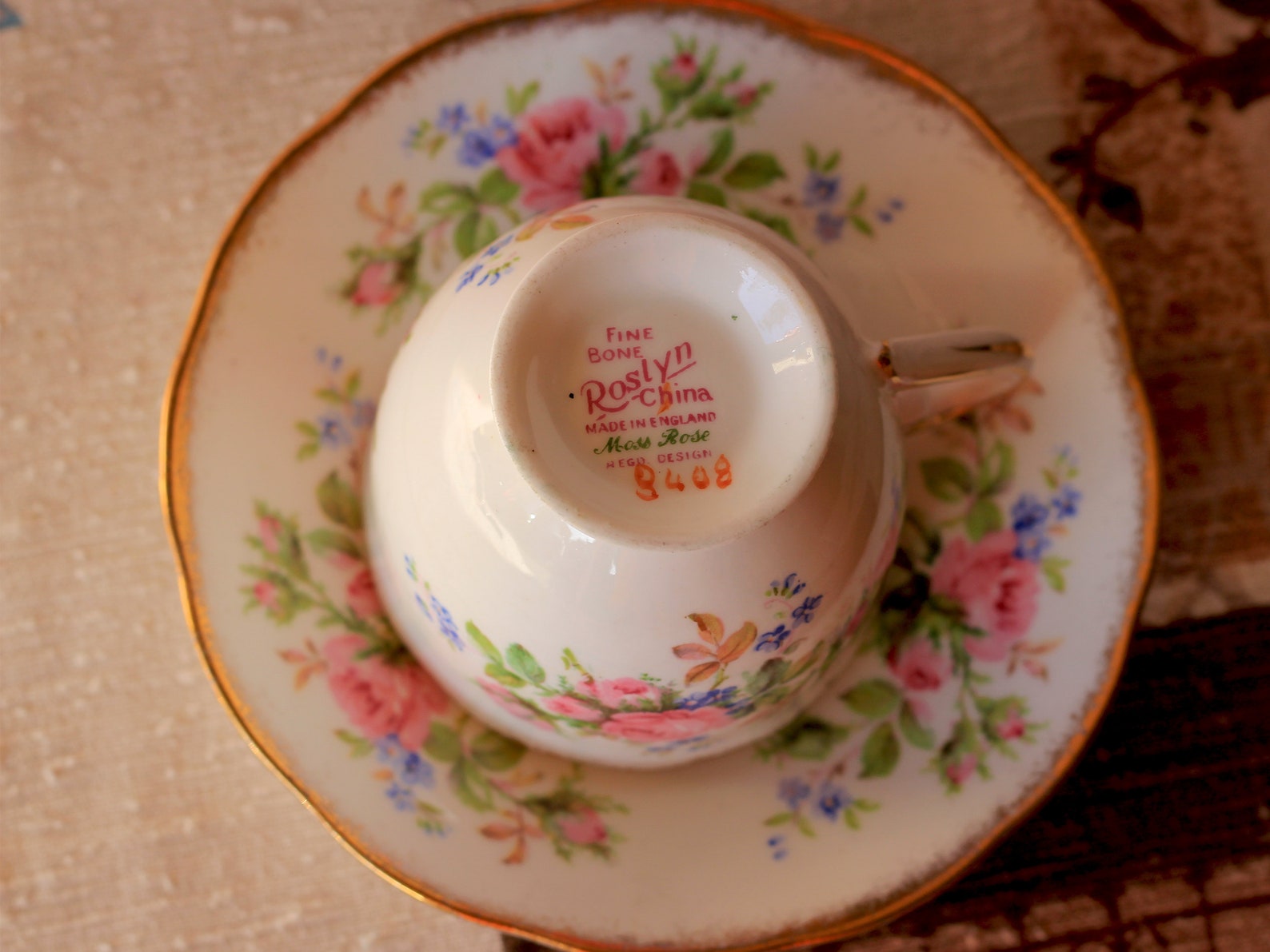 Roslyn Fine Bone China Moss Rose Tea Set / Vintage Tea Set / Roslyn Tea