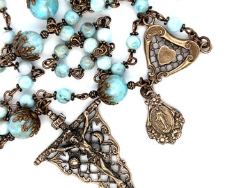 Victorian Lattice Heart Sun & Moon Miraculous Medal Larimar Gemstone 5 Decade Bronze Rosary -  ImmaculateRose