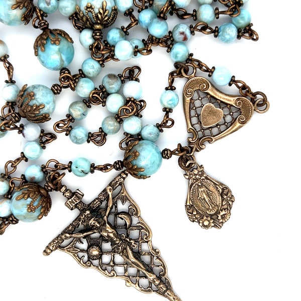 Victorian Lattice Heart Sun & Moon Miraculous Medal Larimar Gemstone 5 Decade Bronze Rosary -  ImmaculateRose