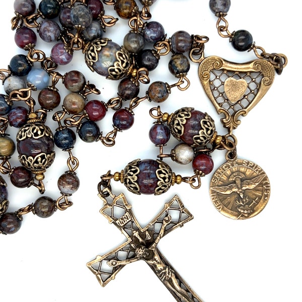 Sacred Heart Holy Spirit Victorian Lattice Pietersite Gemstone 5 Decade Bronze Catholic Rosary - ImmaculateRose