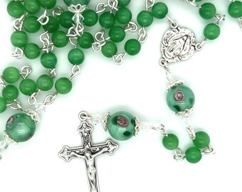 Miraculous Medal Green Cat Eye Gemstone & Czech Glass Sterling Silver 5-Decade Rosary - ImmaculateRose