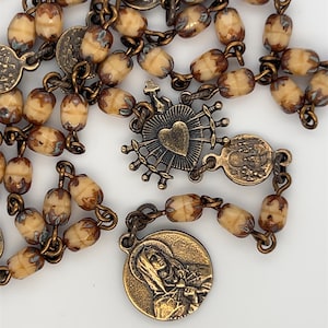 Seven Sorrows Servite Chaplet Czech Glass Beige Travertine Cathedral Bronze Rosary - ImmaculateRose