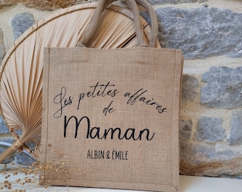 Sac cabas personnalisable en jute les petites affaires de Maman avec prénoms personnalisable