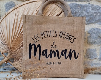 Sac cabas personnalisable en jute les petites affaires de maman avec prénoms personnalisés