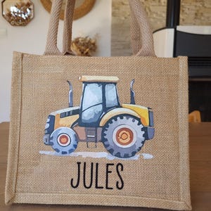 Sac en toile de jute personnalisé - sac en toile de jute enfants - sac tracteur véhicules - crèche