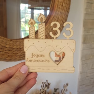 Carte d'Anniversaire Porte-Billet en Bois - Gâteau avec Chiffres Amovibles