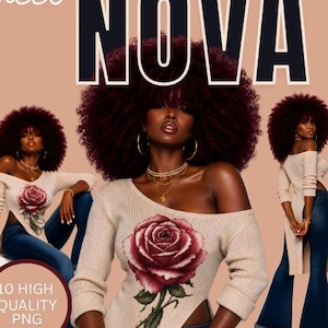 May include: A digital graphic featuring a person with dark red curly hair wearing a beige off-the-shoulder sweater with a large red rose print and dark blue jeans. The text reads meet NOVA and 10 HIGH QUALITY PNG. The design is presented in three poses.