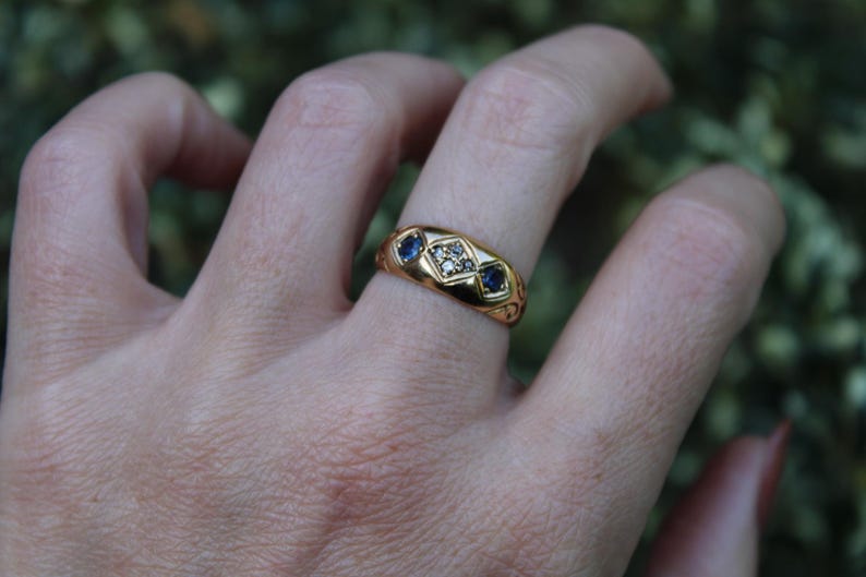 Antique Sapphire and Diamond Gypsy Ring, 18ct Gold, UK Size L/US Size 5