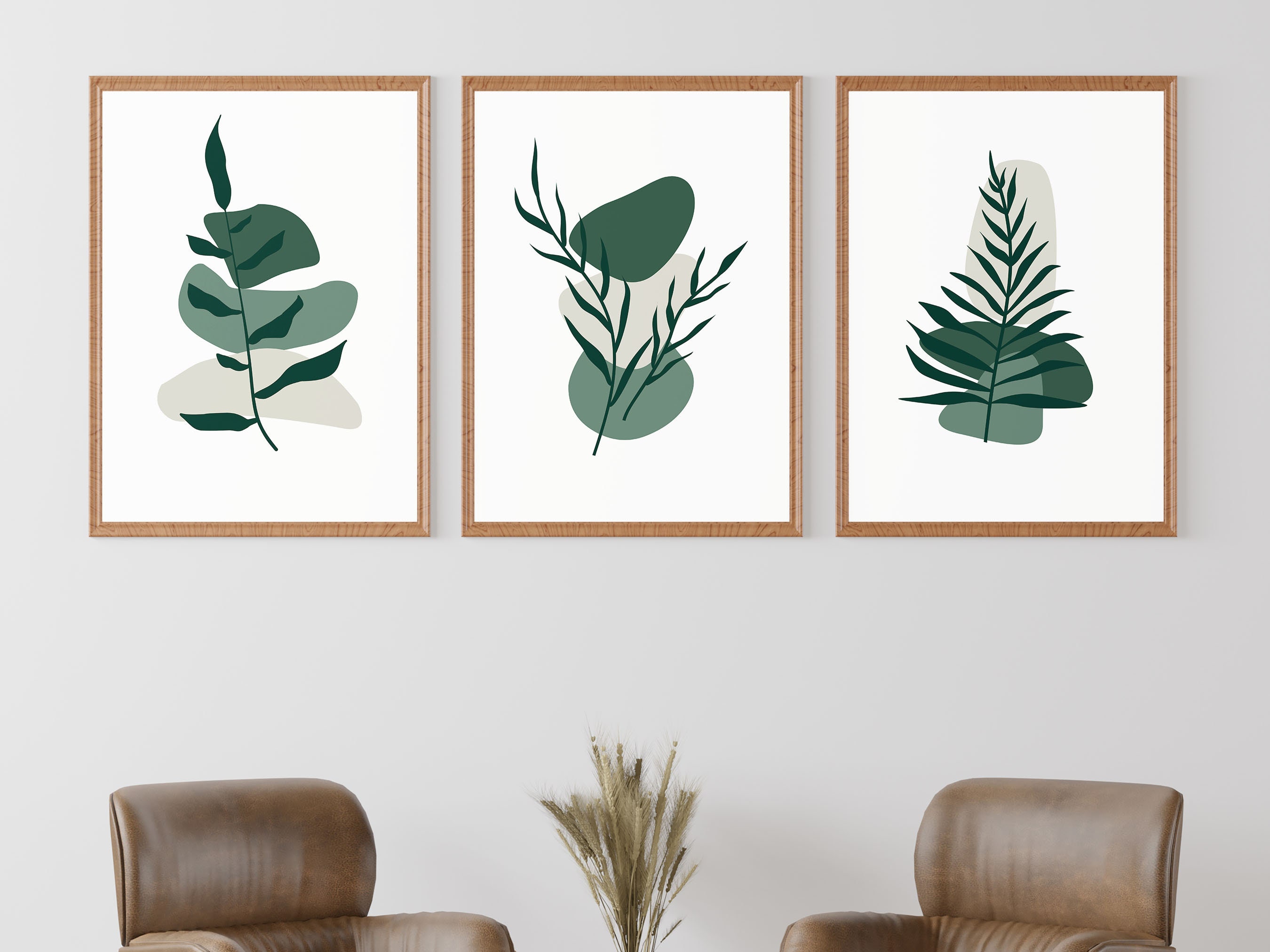 Dark Green Boho Leaves Wall Art, Bohemian Plant Abstract Art Print, Set ...